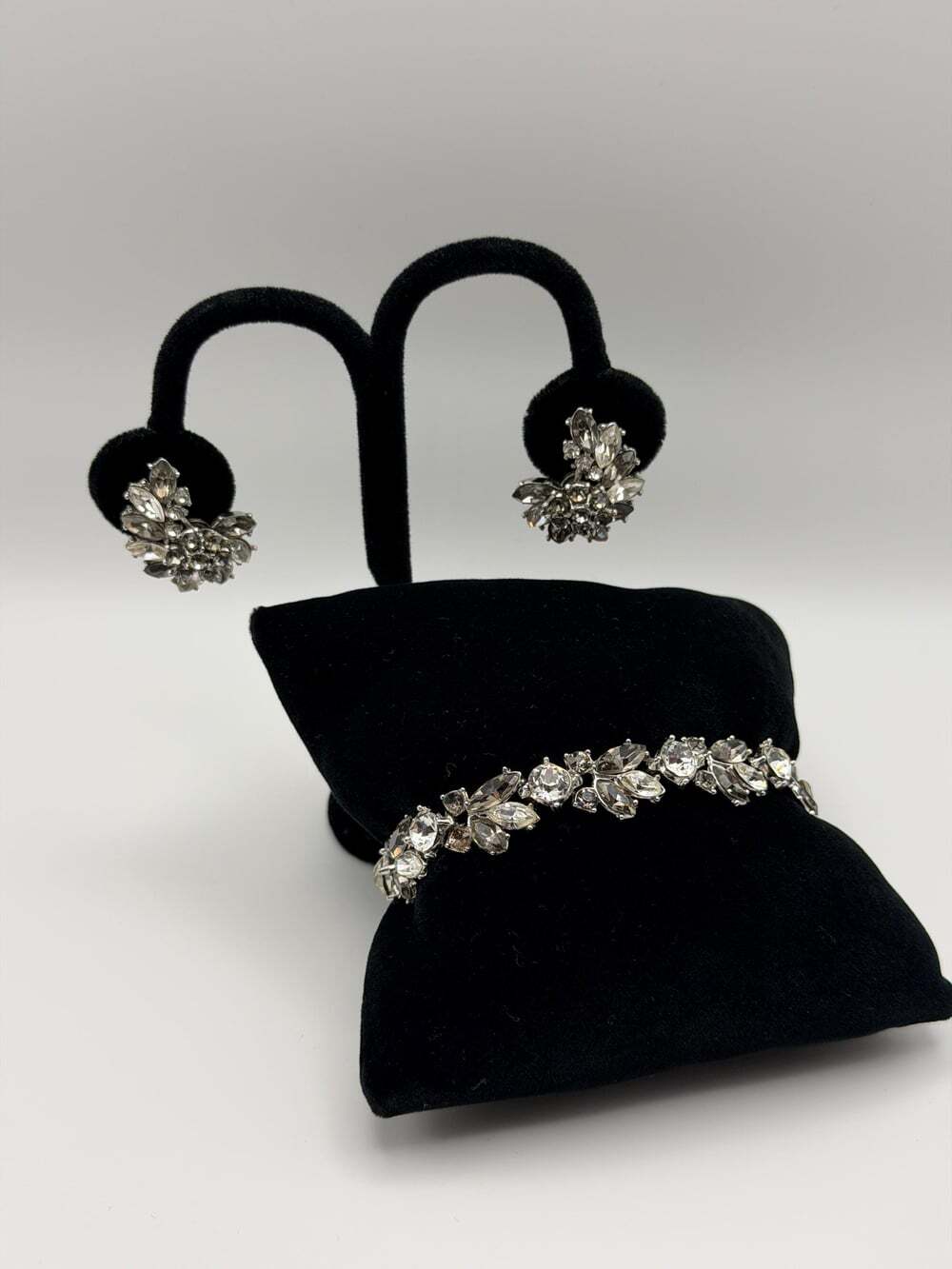 Signed Trifari Rhinestone Bracelet Earrings Set | Gray Clear Crystal Demi Parure